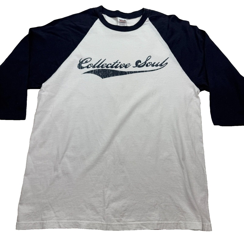 Vtg Collective Soul Red Bar Anvil Shirt Men's L White Black Raglan Sleeve Ringer